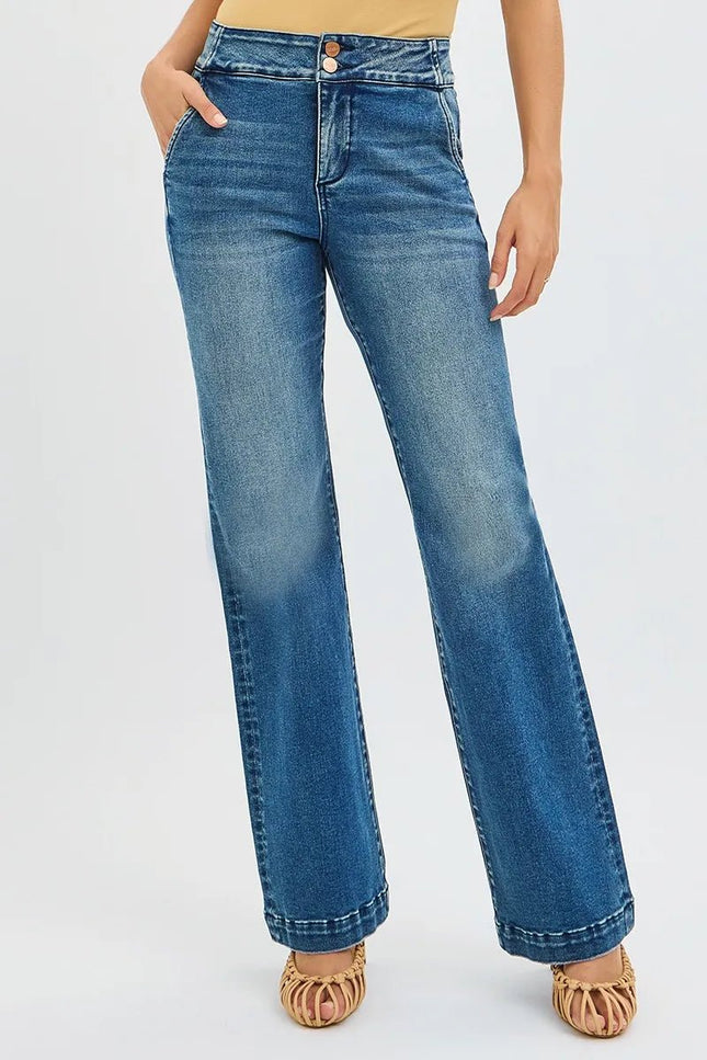 RISEN Full Size Tummy Control High Rise Bootcut Jeans with Double Button Waistband Plus Size - THE AMERICAN BLUE