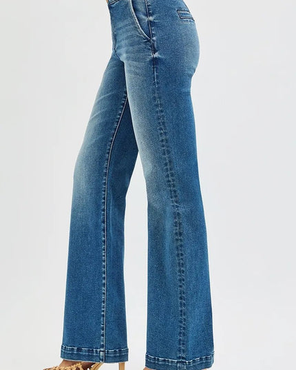 RISEN Full Size Tummy Control High Rise Bootcut Jeans with Double Button Waistband Plus Size - THE AMERICAN BLUE