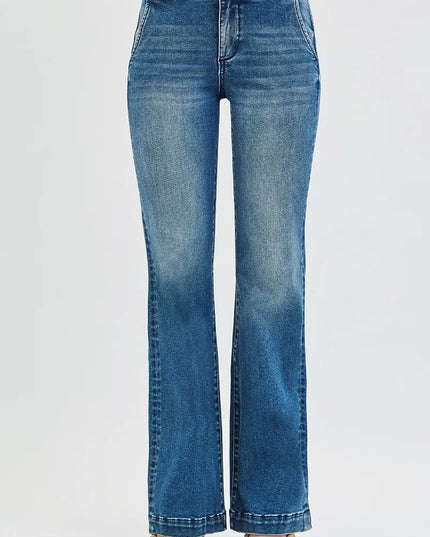 RISEN Full Size Tummy Control High Rise Bootcut Jeans with Double Button Waistband Plus Size - THE AMERICAN BLUE