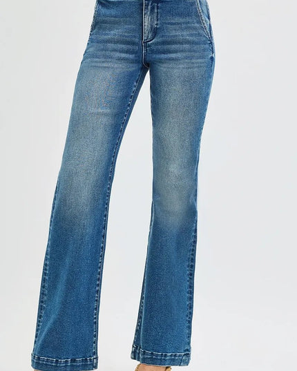 RISEN Full Size Tummy Control High Rise Bootcut Jeans with Double Button Waistband Plus Size - THE AMERICAN BLUE