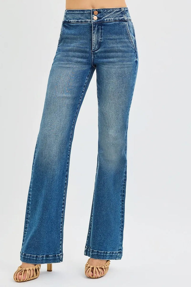RISEN Full Size Tummy Control High Rise Bootcut Jeans with Double Button Waistband Plus Size - THE AMERICAN BLUE