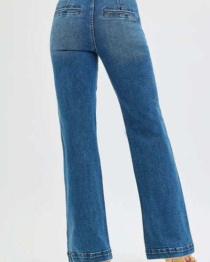 RISEN Full Size Tummy Control High Rise Bootcut Jeans with Double Button Waistband Plus Size - THE AMERICAN BLUE