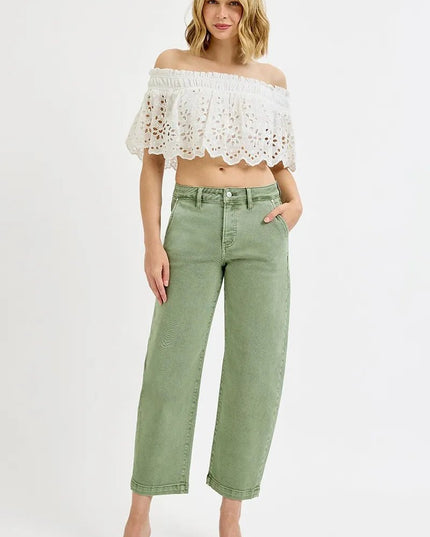 RISEN Full Size Tummy Control High Rise Crop Barrel Jeans Plus Size - THE AMERICAN BLUE