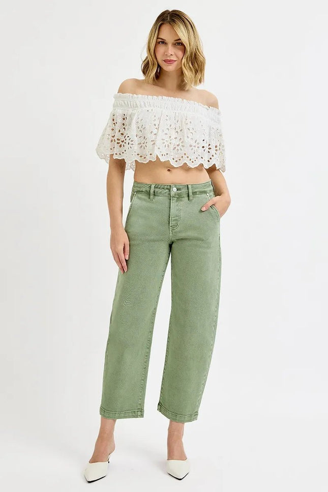 RISEN Full Size Tummy Control High Rise Crop Barrel Jeans Plus Size - THE AMERICAN BLUE