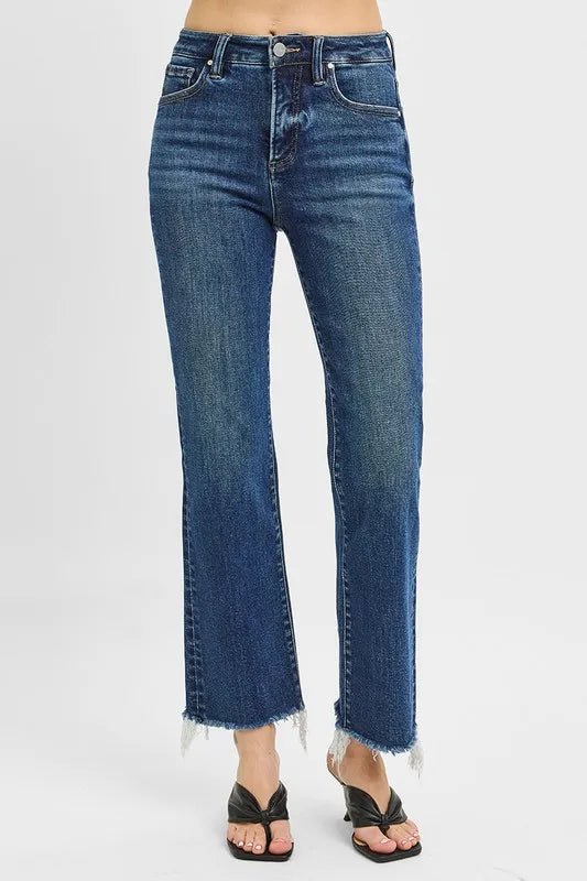 RISEN Full Size Tummy Control High Rise Crop Straight Raw Cut Hem Jeans Plus Size - THE AMERICAN BLUE