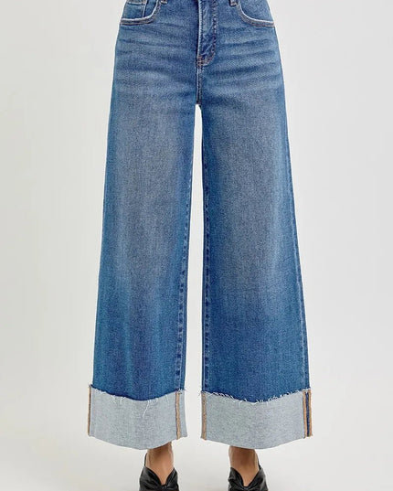 RISEN Full Size Tummy Control High Rise Crop Wide Cuffed Jeans Plus Size - THE AMERICAN BLUE