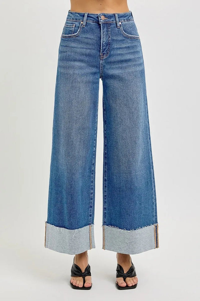 RISEN Full Size Tummy Control High Rise Crop Wide Cuffed Jeans Plus Size - THE AMERICAN BLUE