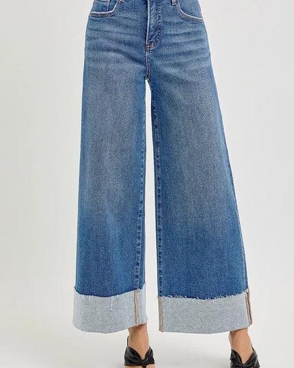 RISEN Full Size Tummy Control High Rise Crop Wide Cuffed Jeans Plus Size - THE AMERICAN BLUE
