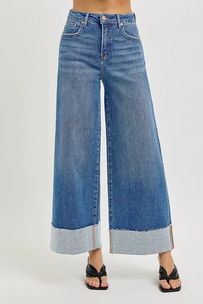 RISEN Full Size Tummy Control High Rise Crop Wide Cuffed Jeans Plus Size - THE AMERICAN BLUE