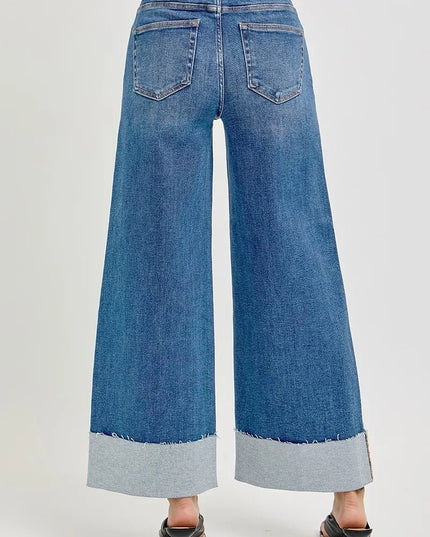 RISEN Full Size Tummy Control High Rise Crop Wide Cuffed Jeans Plus Size - THE AMERICAN BLUE