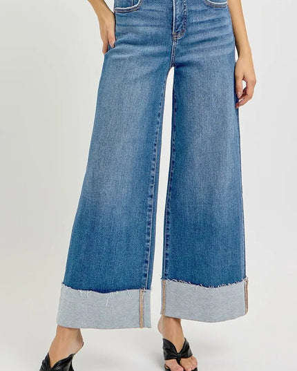 RISEN Full Size Tummy Control High Rise Crop Wide Cuffed Jeans Plus Size - THE AMERICAN BLUE