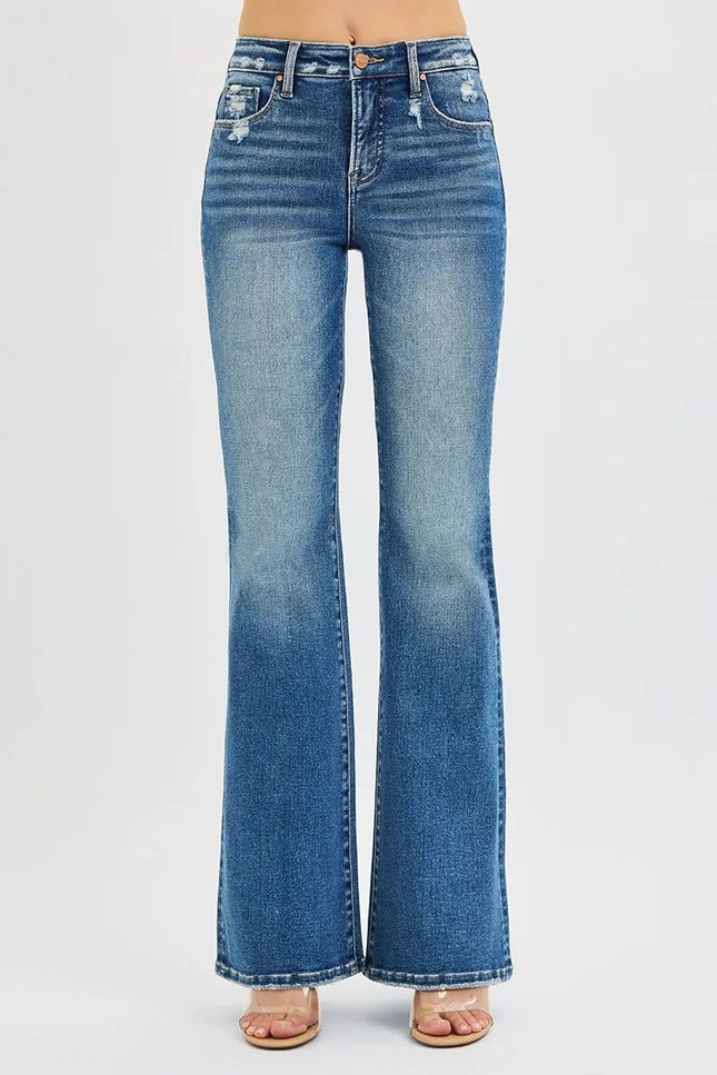 RISEN Full Size Tummy Control High Rise Flare Jeans Plus Size - THE AMERICAN BLUE