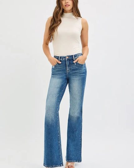 RISEN Full Size Tummy Control High Rise Flare Jeans Plus Size - THE AMERICAN BLUE