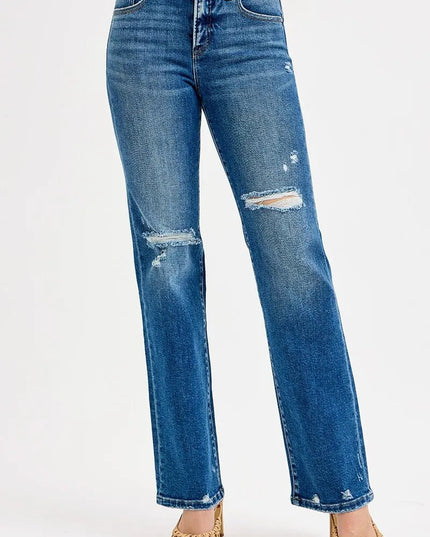 RISEN Full Size Tummy Control High Rise Straight Distressed Jeans Plus Size - THE AMERICAN BLUE