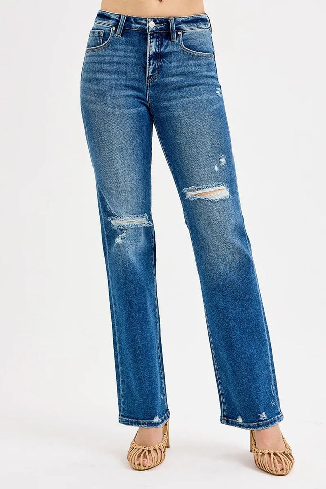RISEN Full Size Tummy Control High Rise Straight Distressed Jeans Plus Size - THE AMERICAN BLUE