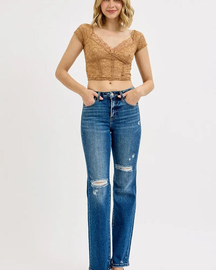 RISEN Full Size Tummy Control High Rise Straight Distressed Jeans Plus Size - THE AMERICAN BLUE