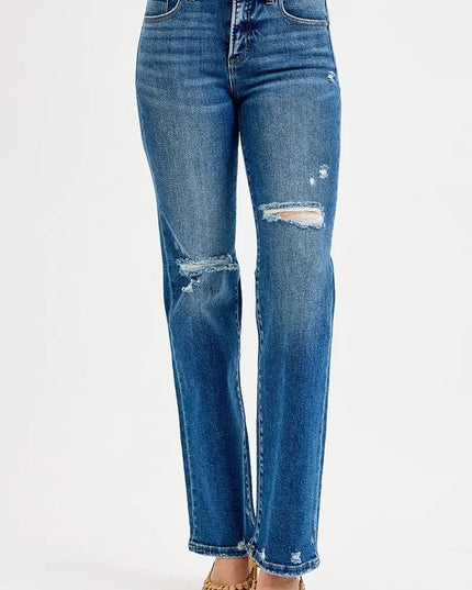 RISEN Full Size Tummy Control High Rise Straight Distressed Jeans Plus Size - THE AMERICAN BLUE