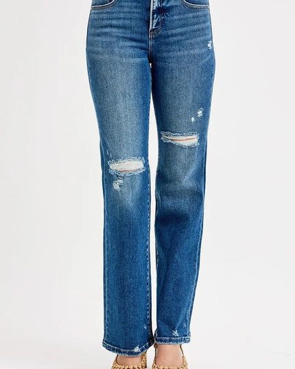 RISEN Full Size Tummy Control High Rise Straight Distressed Jeans Plus Size - THE AMERICAN BLUE
