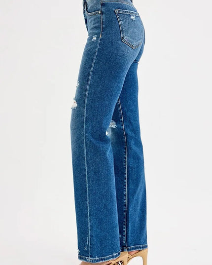 RISEN Full Size Tummy Control High Rise Straight Distressed Jeans Plus Size - THE AMERICAN BLUE