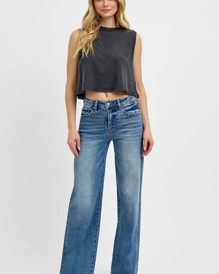 RISEN Full Size Tummy Control High Rise Wide Adjustable Waist Band Jeans Plus Size - THE AMERICAN BLUE
