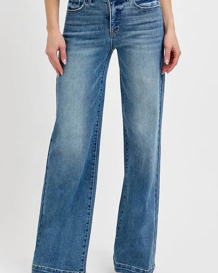 RISEN Full Size Tummy Control High Rise Wide Adjustable Waist Band Jeans Plus Size - THE AMERICAN BLUE