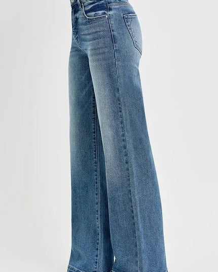 RISEN Full Size Tummy Control High Rise Wide Adjustable Waist Band Jeans Plus Size - THE AMERICAN BLUE
