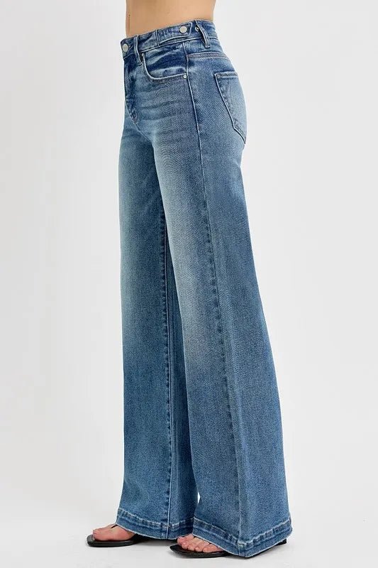 RISEN Full Size Tummy Control High Rise Wide Adjustable Waist Band Jeans Plus Size - THE AMERICAN BLUE