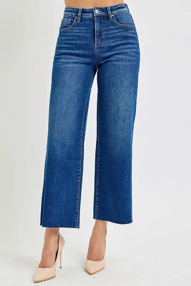 RISEN Full Size Tummy Control High Rise Wide Crop Jeans Plus Size - THE AMERICAN BLUE