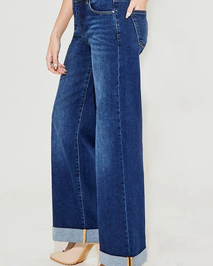 RISEN Full Size Tummy Control High Rise Wide Leg Cuffed Jeans Plus Size - THE AMERICAN BLUE