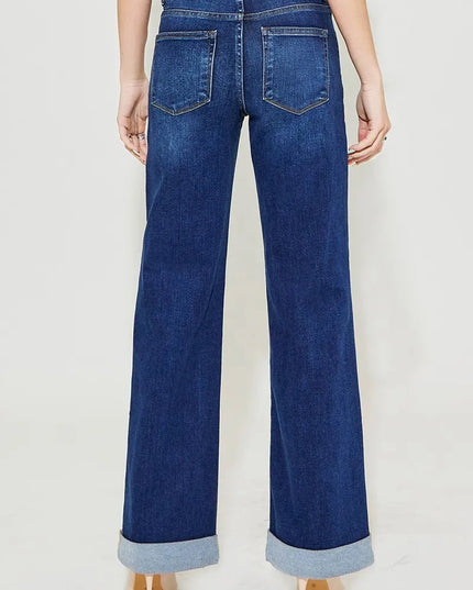 RISEN Full Size Tummy Control High Rise Wide Leg Cuffed Jeans Plus Size - THE AMERICAN BLUE