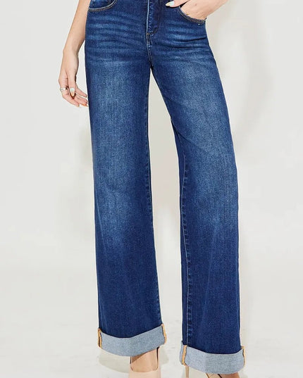 RISEN Full Size Tummy Control High Rise Wide Leg Cuffed Jeans Plus Size - THE AMERICAN BLUE