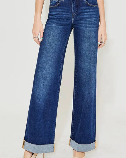RISEN Full Size Tummy Control High Rise Wide Leg Cuffed Jeans Plus Size - THE AMERICAN BLUE