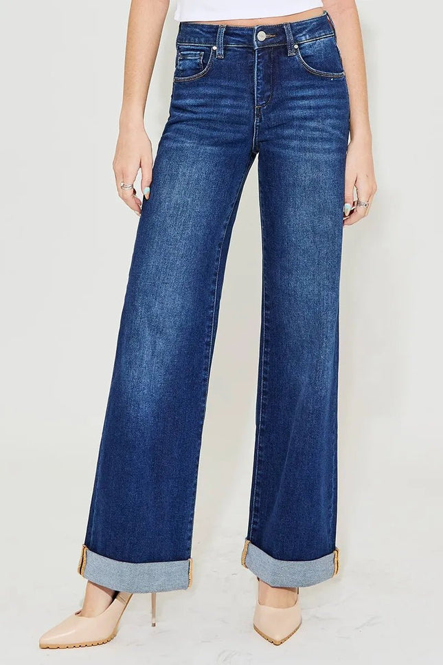 RISEN Full Size Tummy Control High Rise Wide Leg Cuffed Jeans Plus Size - THE AMERICAN BLUE