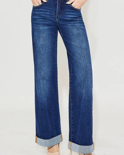 RISEN Full Size Tummy Control High Rise Wide Leg Cuffed Jeans Plus Size - THE AMERICAN BLUE