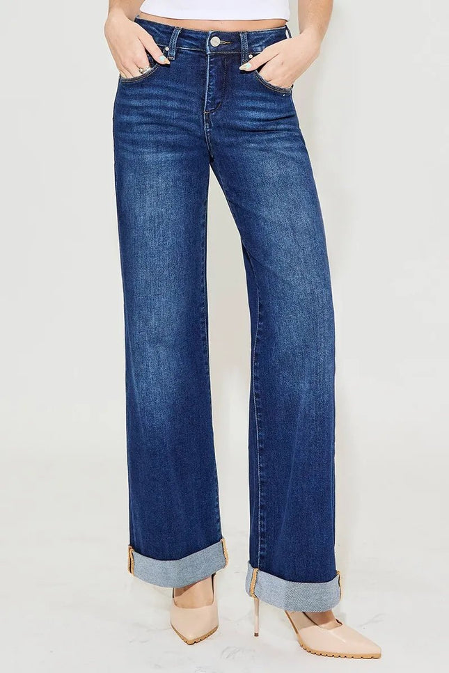 RISEN Full Size Tummy Control High Rise Wide Leg Cuffed Jeans Plus Size - THE AMERICAN BLUE