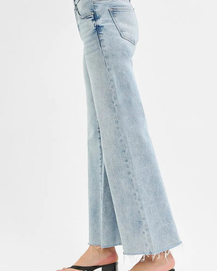 RISEN Full Size Tummy Control Low Rise Wide Leg Raw Cut Hem Jeans Plus Size - THE AMERICAN BLUE