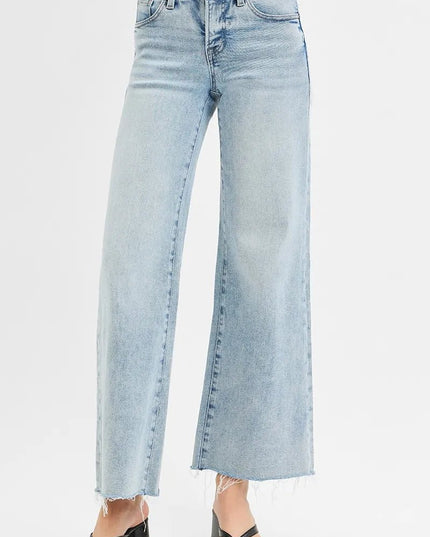 RISEN Full Size Tummy Control Low Rise Wide Leg Raw Cut Hem Jeans Plus Size - THE AMERICAN BLUE