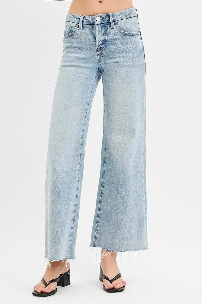 RISEN Full Size Tummy Control Low Rise Wide Leg Raw Cut Hem Jeans Plus Size - THE AMERICAN BLUE