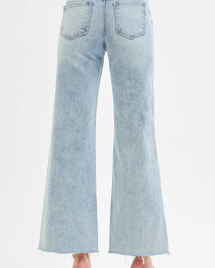 RISEN Full Size Tummy Control Low Rise Wide Leg Raw Cut Hem Jeans Plus Size - THE AMERICAN BLUE
