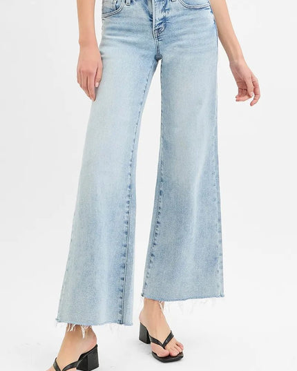 RISEN Full Size Tummy Control Low Rise Wide Leg Raw Cut Hem Jeans Plus Size - THE AMERICAN BLUE