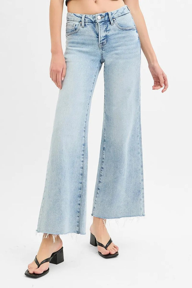 RISEN Full Size Tummy Control Low Rise Wide Leg Raw Cut Hem Jeans Plus Size - THE AMERICAN BLUE