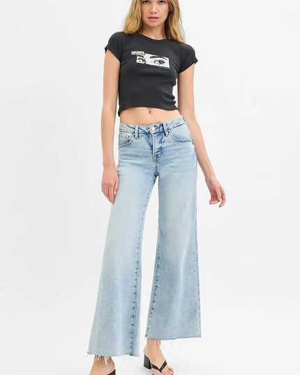 RISEN Full Size Tummy Control Low Rise Wide Leg Raw Cut Hem Jeans Plus Size - THE AMERICAN BLUE