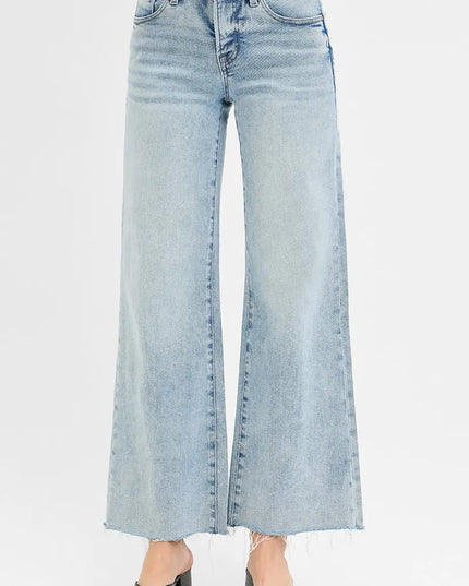 RISEN Full Size Tummy Control Low Rise Wide Leg Raw Cut Hem Jeans Plus Size - THE AMERICAN BLUE