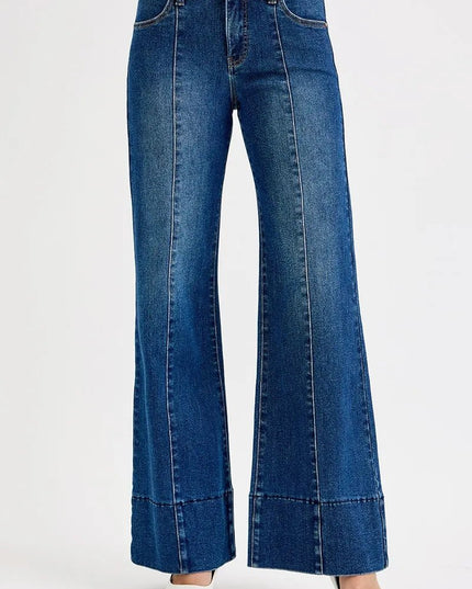 RISEN Full Size Tummy Control Mid Rise Ankle Wide Flare Jeans Plus Size - THE AMERICAN BLUE