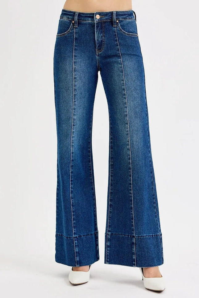 RISEN Full Size Tummy Control Mid Rise Ankle Wide Flare Jeans Plus Size - THE AMERICAN BLUE