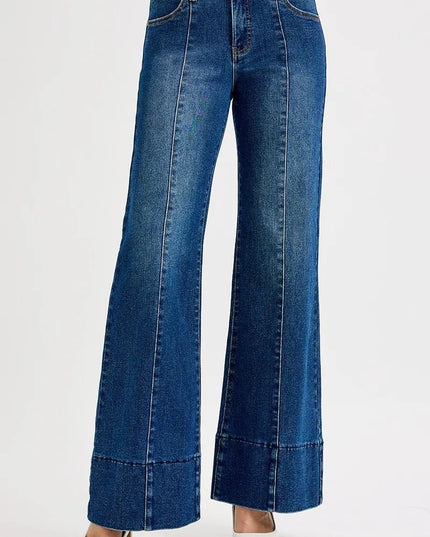 RISEN Full Size Tummy Control Mid Rise Ankle Wide Flare Jeans Plus Size - THE AMERICAN BLUE