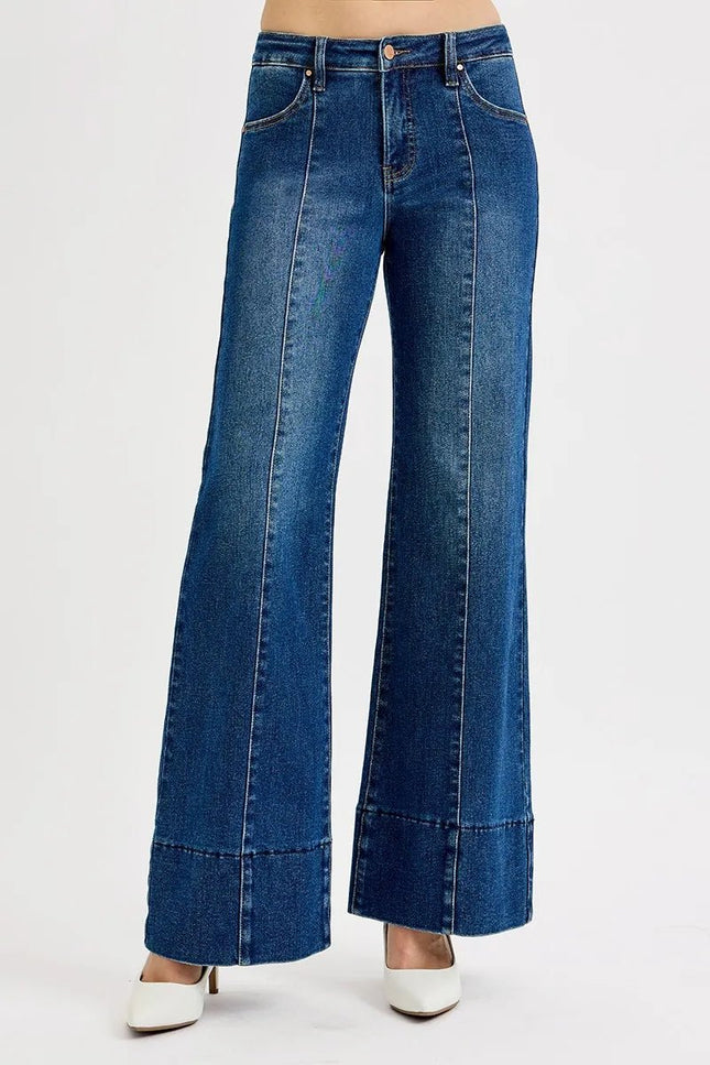 RISEN Full Size Tummy Control Mid Rise Ankle Wide Flare Jeans Plus Size - THE AMERICAN BLUE