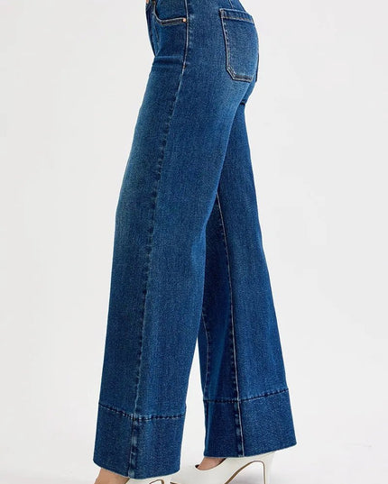 RISEN Full Size Tummy Control Mid Rise Ankle Wide Flare Jeans Plus Size - THE AMERICAN BLUE