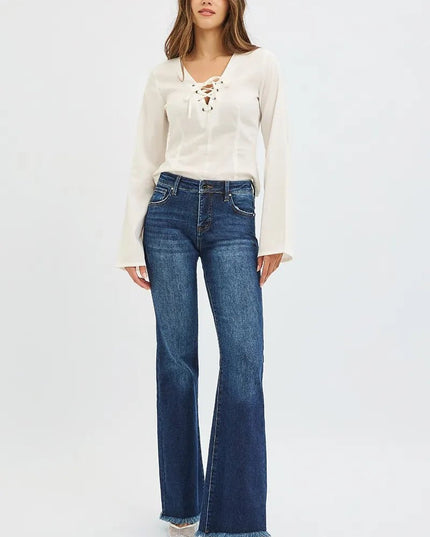 RISEN Full Size Tummy Control Mid Rise Flare Jeans Plus Size - THE AMERICAN BLUE