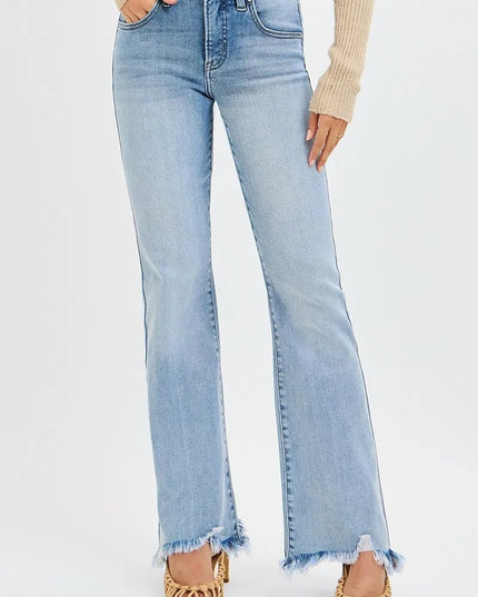 RISEN Full Size Tummy Control Mid Rise Flare Jeans with Fray Hem Detailed Plus Size - THE AMERICAN BLUE